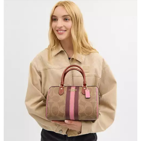 Coach Rowan Satchel Bag In Signature Canvas With Stripe Print In Tan CBI78 NWT - Picture 7 of 9